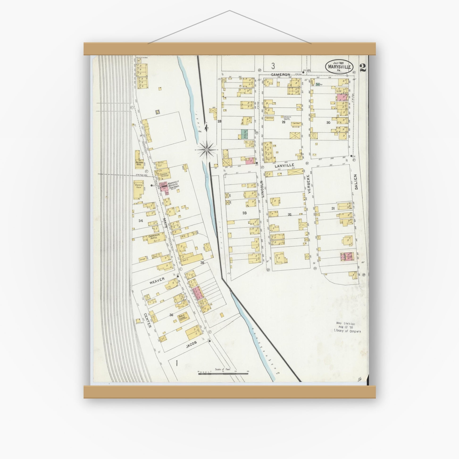 Old map wall art mockup — magnetic wood frame on white wall — Sanborn Fire Insurance Map from Marysville, Perry County, Pennsylvania (1905), Sheet #0002