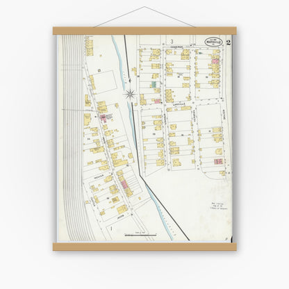 Old map wall art mockup — magnetic wood frame on white wall — Sanborn Fire Insurance Map from Marysville, Perry County, Pennsylvania (1905), Sheet #0002