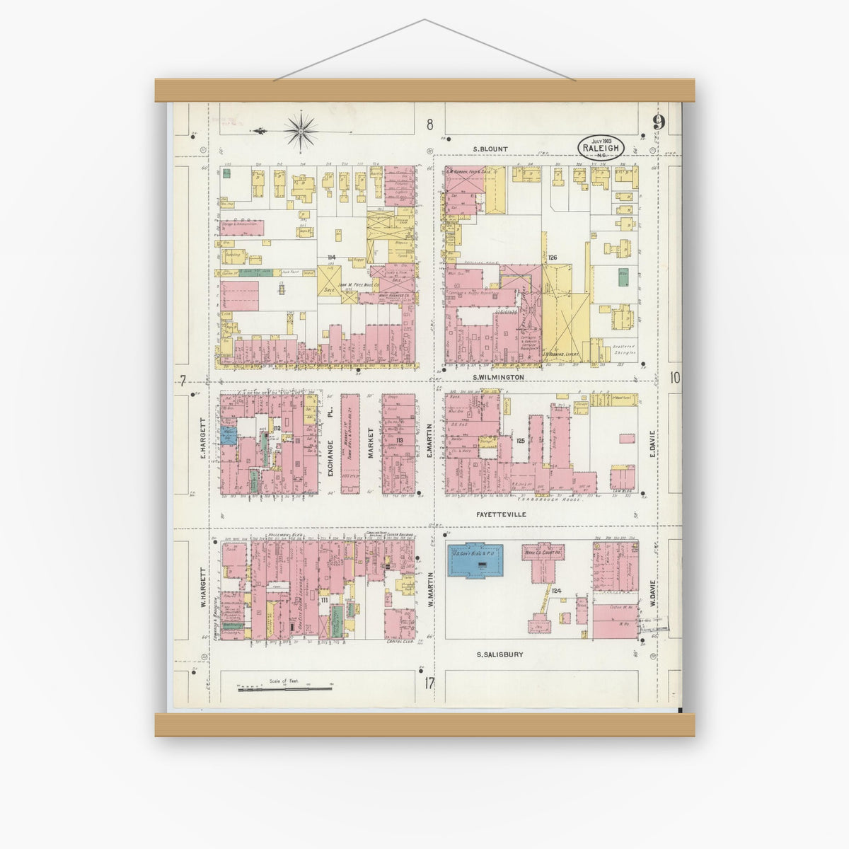 Old map wall art mockup — magnetic wood frame on white wall — Sanborn Fire Insurance Map from Raleigh, Wake County, North Carolina (1903), Sheet #0009