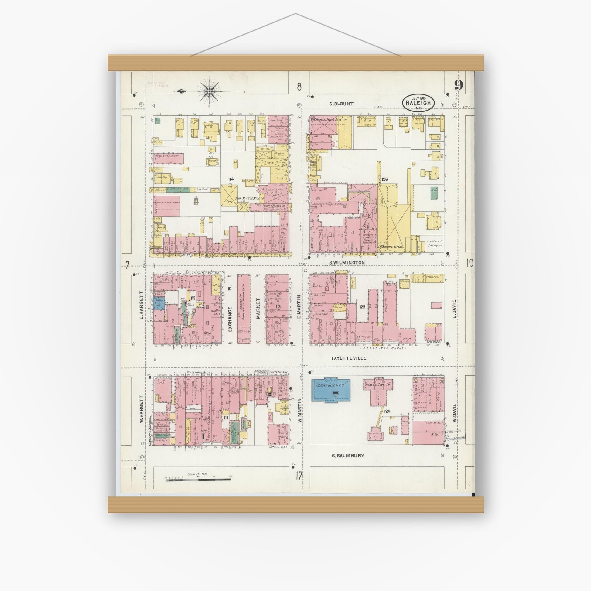 Old map wall art mockup — magnetic wood frame on white wall — Sanborn Fire Insurance Map from Raleigh, Wake County, North Carolina (1903), Sheet #0009