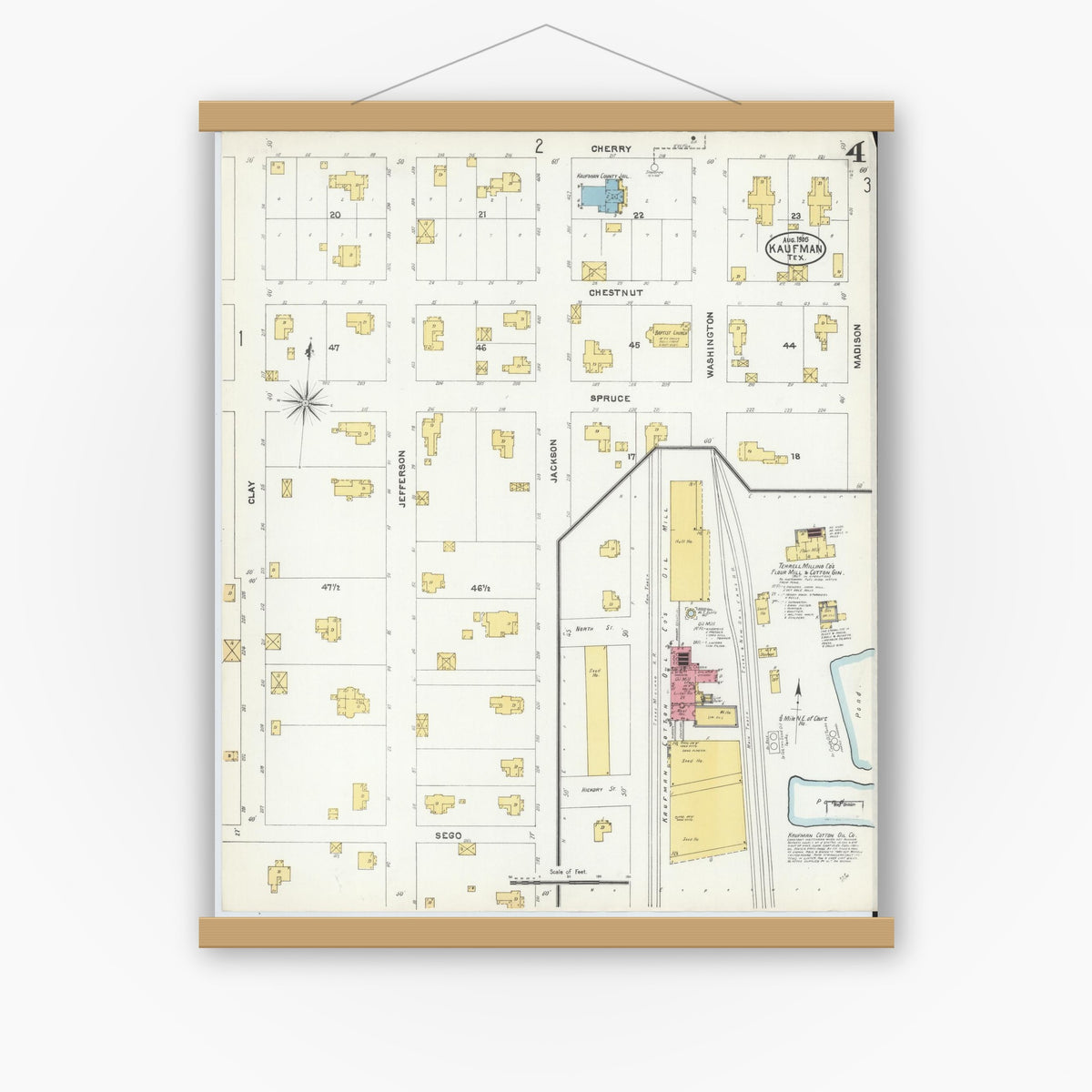 Old map wall art mockup — magnetic wood frame on white wall — Sanborn Fire Insurance Map from Kaufman, Kaufman County, Texas (1905), Sheet #0004