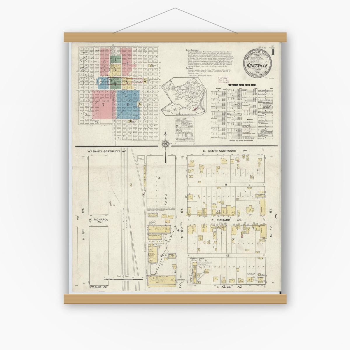 Old map wall art mockup — magnetic wood frame on white wall — Sanborn Fire Insurance Map from Kingsville, Kleberg County, Texas (1915), Sheet #0001