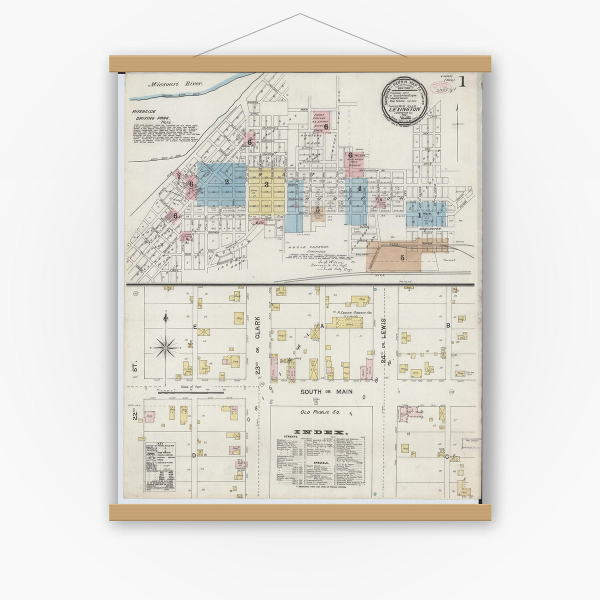Old map wall art mockup — magnetic wood frame on white wall — Sanborn Fire Insurance Map from Lexington, Lafayette County, Missouri (1889) - Complete Map Set