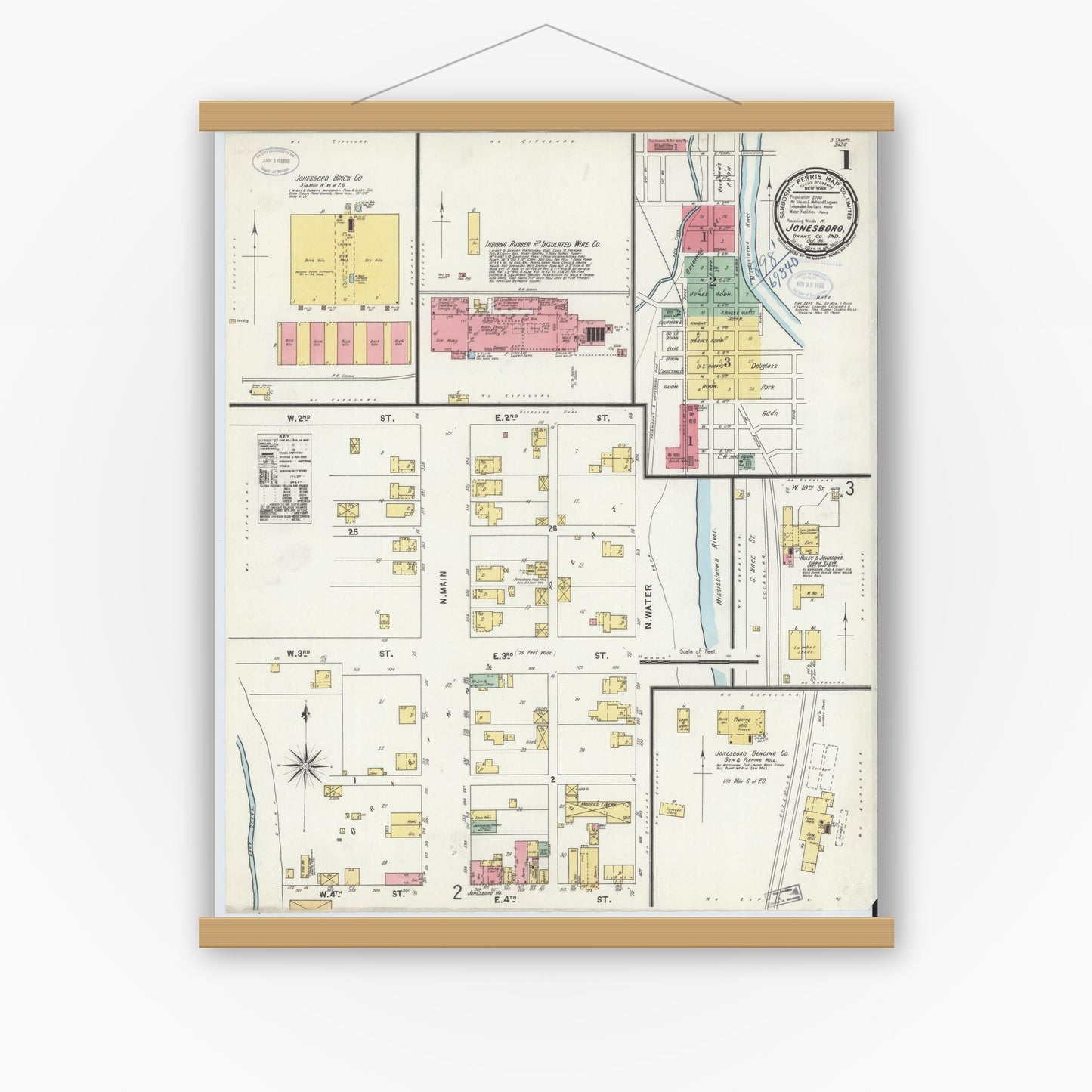 Old map wall art mockup — magnetic wood frame on white wall — Sanborn Fire Insurance Map from Jonesboro, Grant County, Indiana (1898) - Complete Map Set
