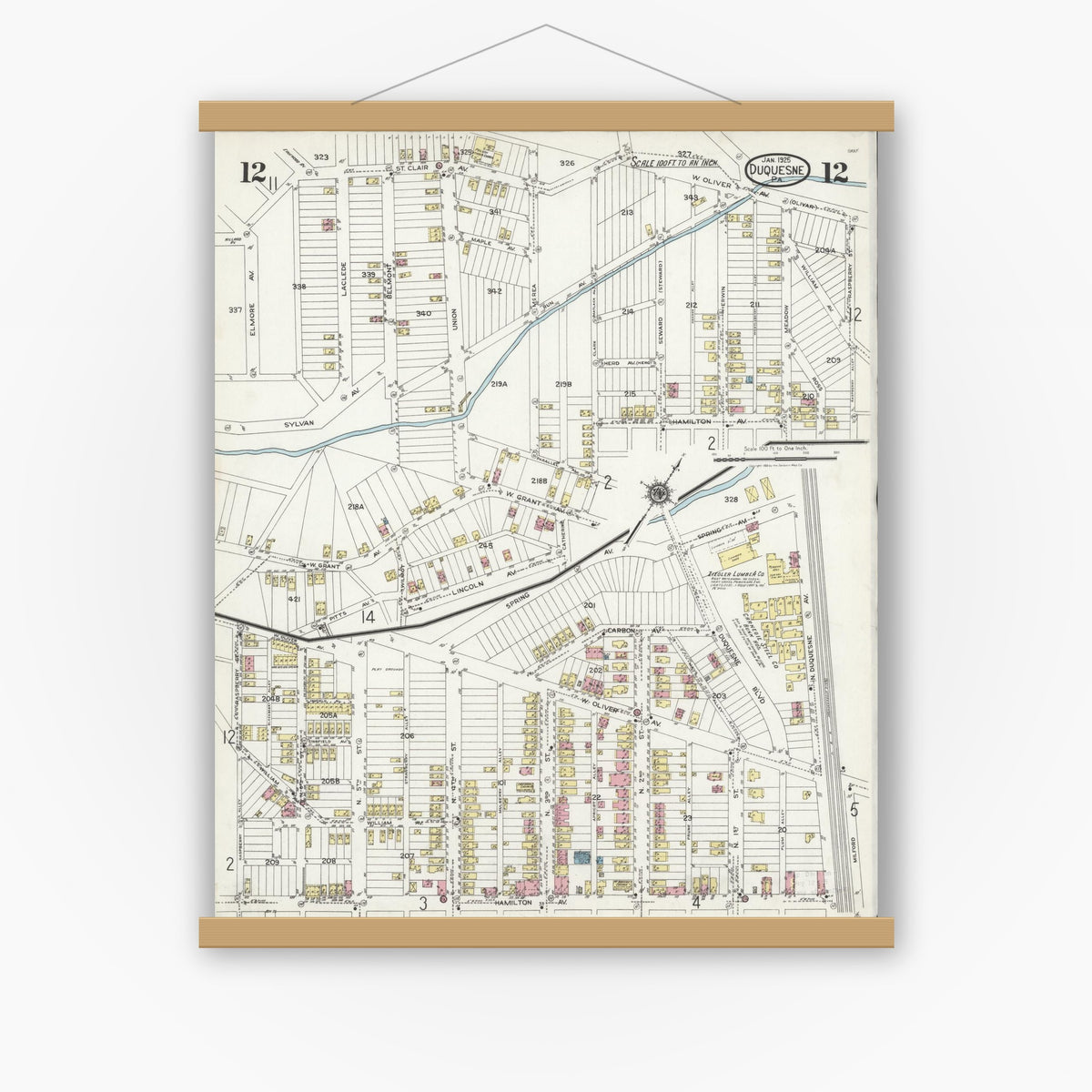 Old map wall art mockup — magnetic wood frame on white wall — Sanborn Fire Insurance Map from Duquesne, Allegheny County, Pennsylvania (1925), Sheet #0012