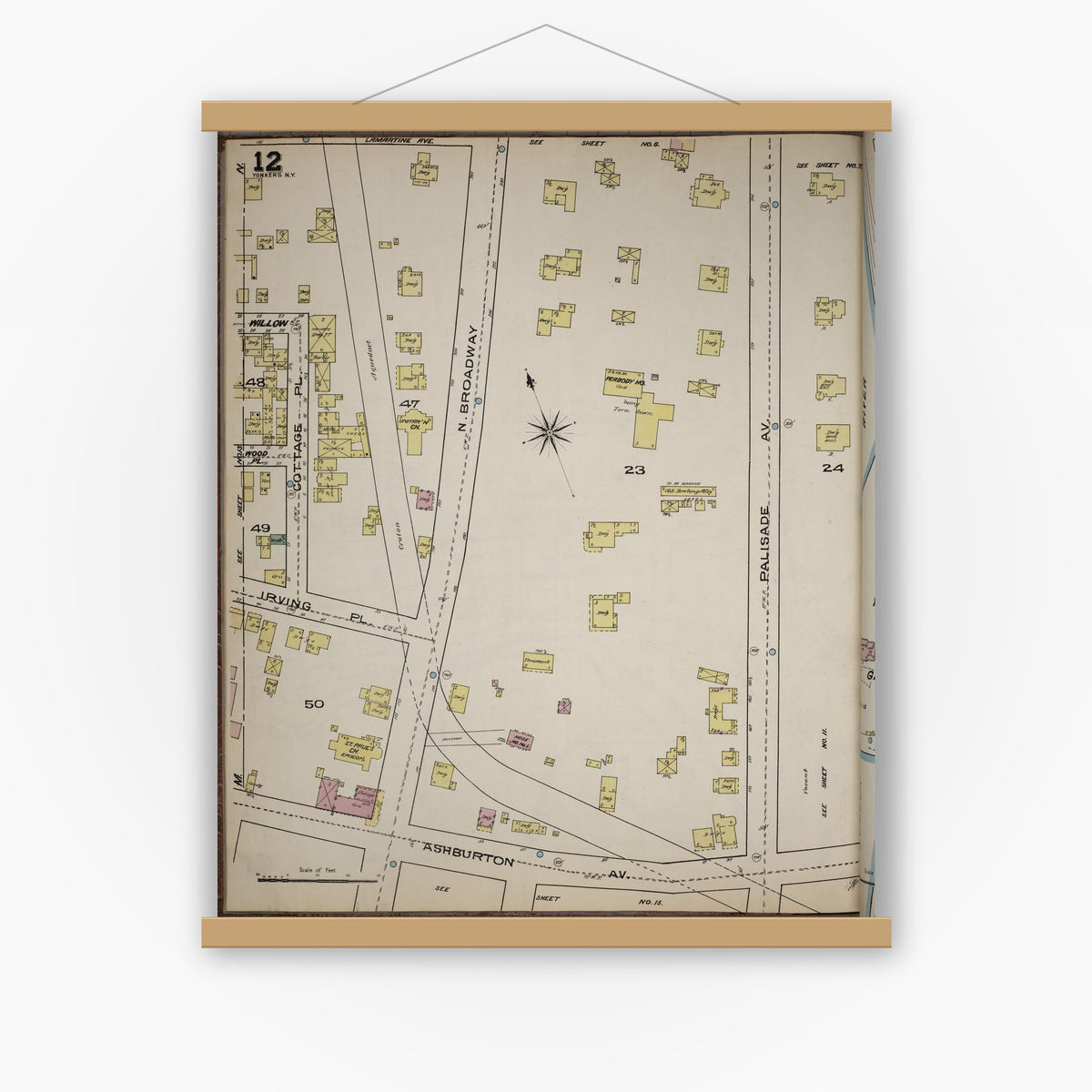 Old map wall art mockup — magnetic wood frame on white wall — Sanborn Fire Insurance Map from Yonkers, Westchester County, New York (1886), Sheet #0012