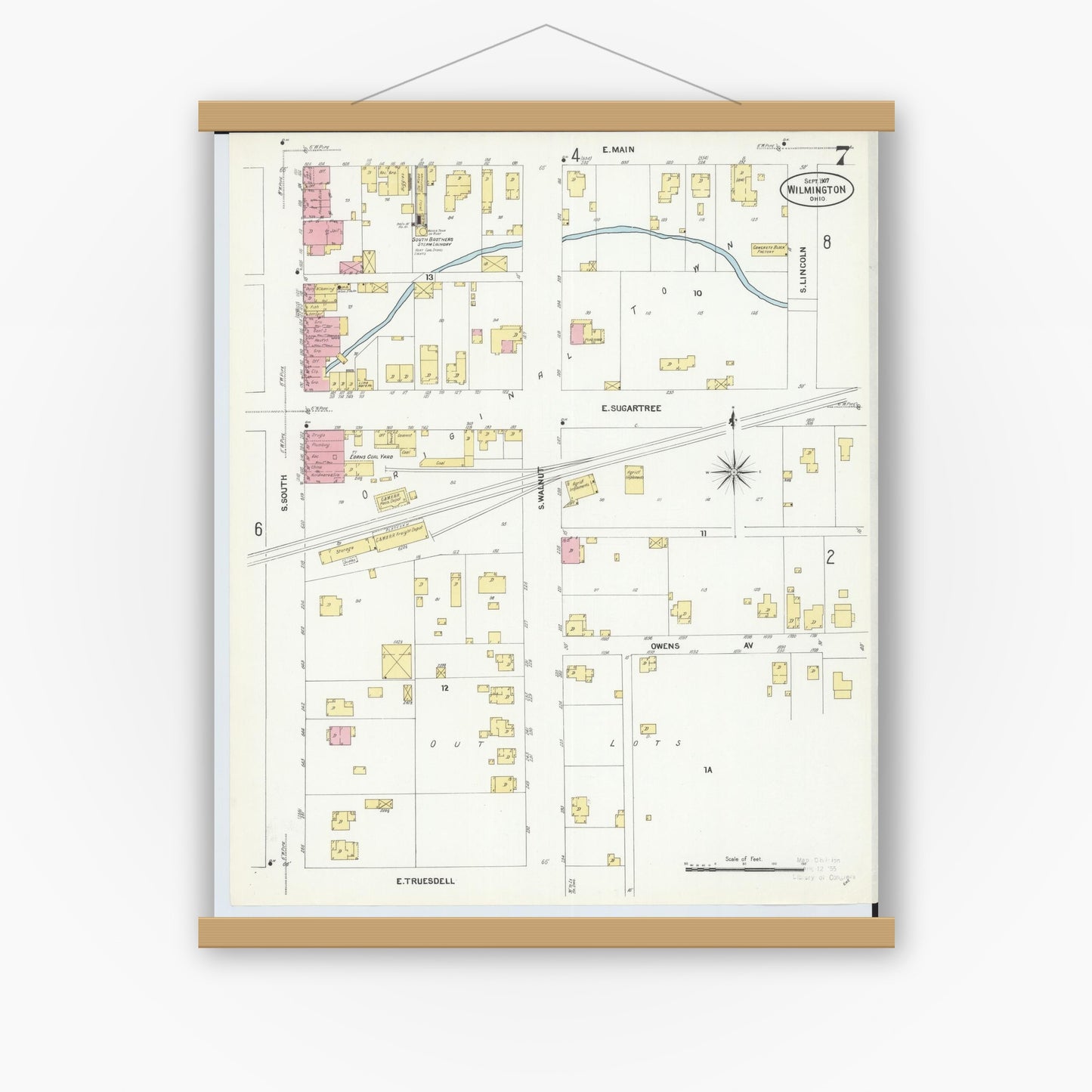Old map wall art mockup — magnetic wood frame on white wall — Sanborn Fire Insurance Map from Wilmington, Clinton County, Ohio (1907), Sheet #0007