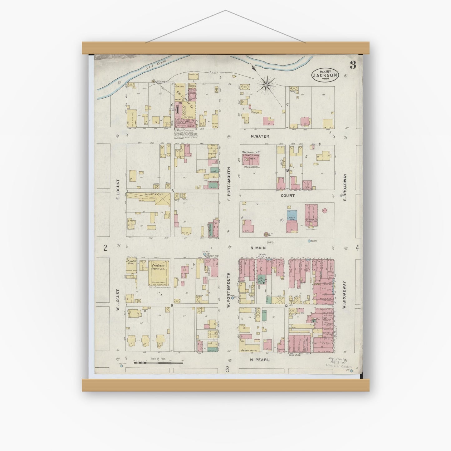 Old map wall art mockup — magnetic wood frame on white wall — Sanborn Fire Insurance Map from Jackson, Jackson County, Ohio (1897), Sheet #0003