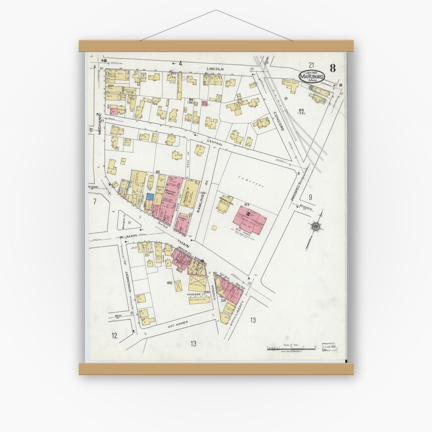 Old map wall art mockup — magnetic wood frame on white wall — Sanborn Fire Insurance Map from Marlborough, Middlesex County, Massachusetts (1920), Sheet #0008