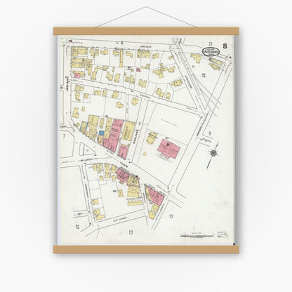 Old map wall art mockup — magnetic wood frame on white wall — Sanborn Fire Insurance Map from Marlborough, Middlesex County, Massachusetts (1920), Sheet #0008
