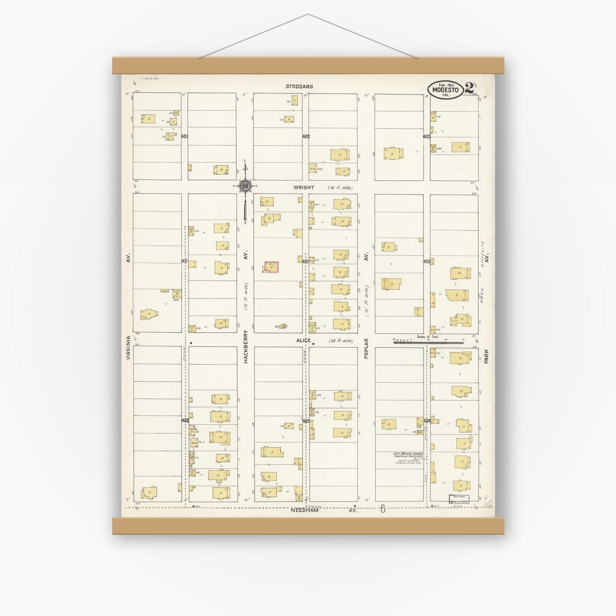 Old map wall art mockup — magnetic wood frame on white wall — Sanborn Fire Insurance Map from Modesto, Stanislaus County, California (1911), Sheet #0002