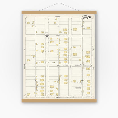Old map wall art mockup — magnetic wood frame on white wall — Sanborn Fire Insurance Map from Modesto, Stanislaus County, California (1911), Sheet #0002