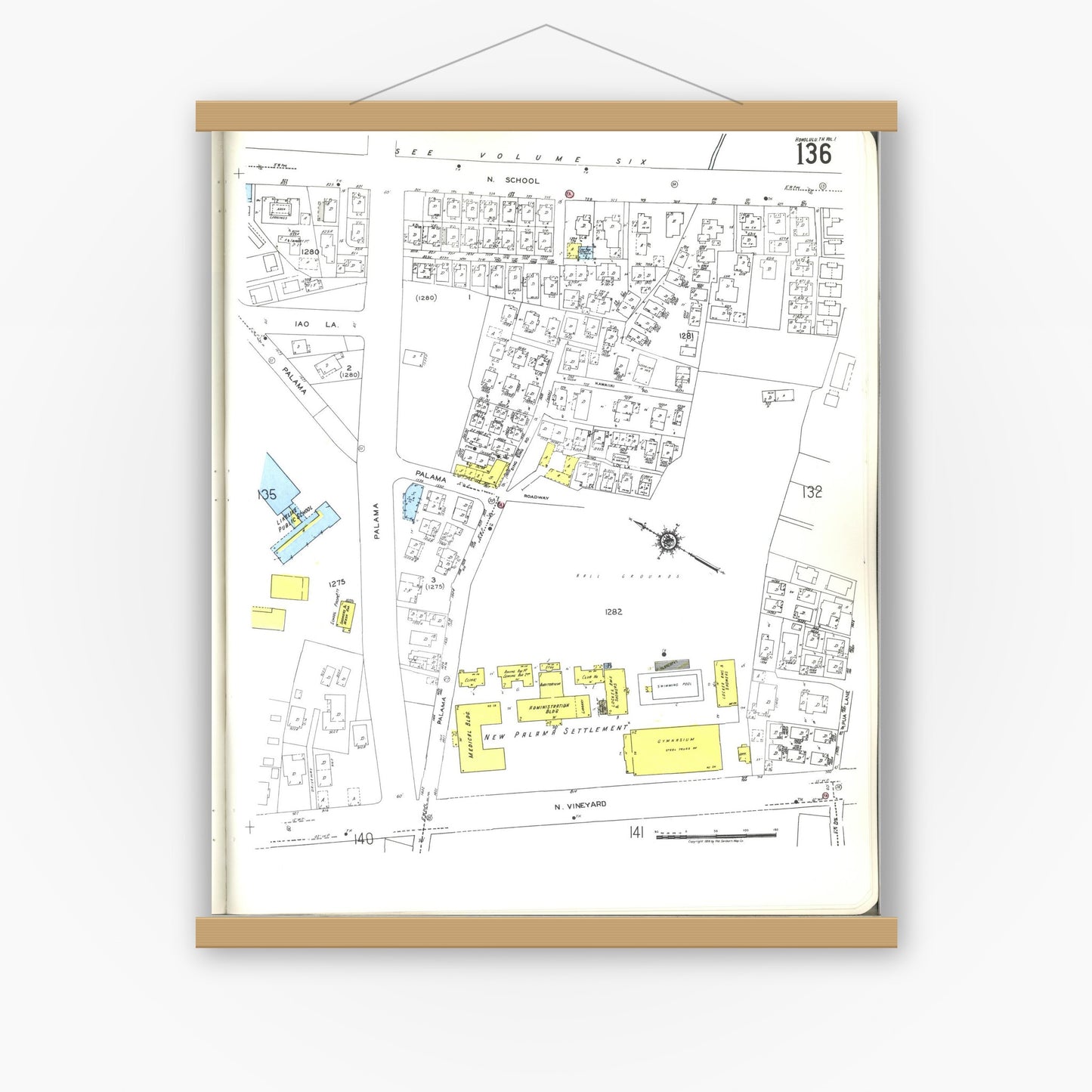 Old map wall art mockup — magnetic wood frame on white wall — Sanborn Fire Insurance Map from Honolulu, Oahu County, Hawaii (1955), Sheet #0136