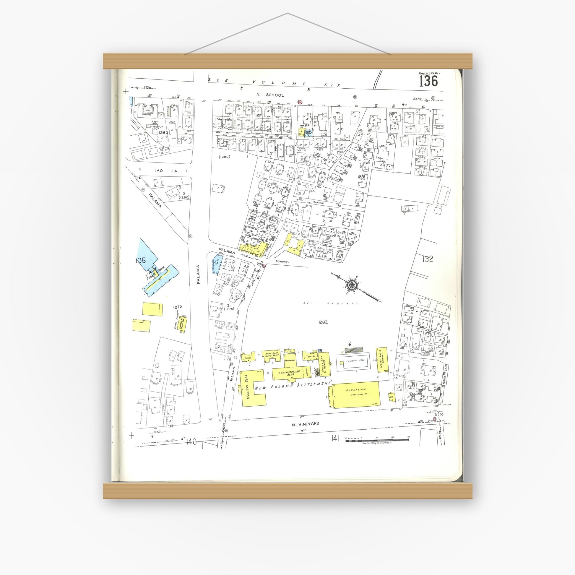 Old map wall art mockup — magnetic wood frame on white wall — Sanborn Fire Insurance Map from Honolulu, Oahu County, Hawaii (1955), Sheet #0136