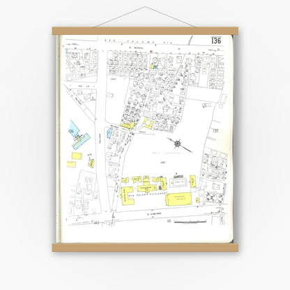Old map wall art mockup — magnetic wood frame on white wall — Sanborn Fire Insurance Map from Honolulu, Oahu County, Hawaii (1955), Sheet #0136