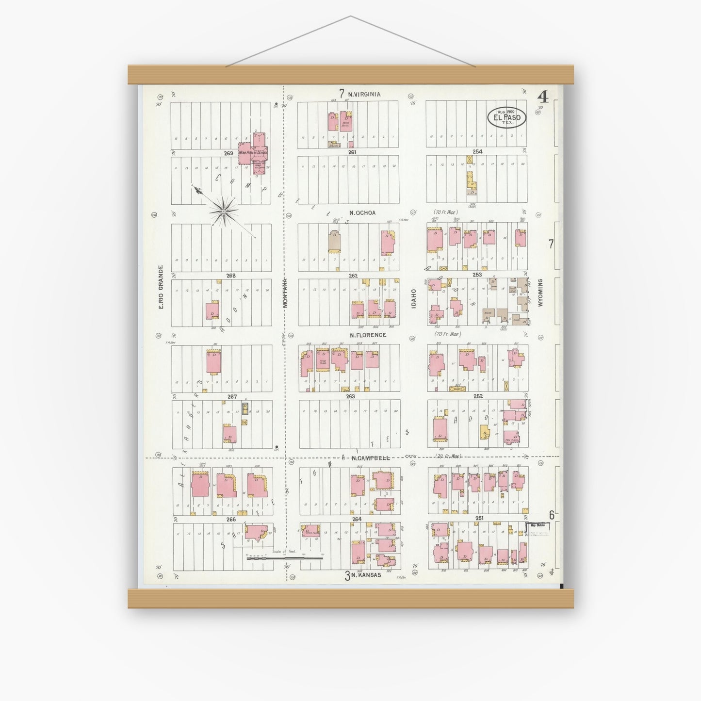 Old map wall art mockup — magnetic wood frame on white wall — Sanborn Fire Insurance Map from El Paso, El Paso County, Texas (1900), Sheet #0004