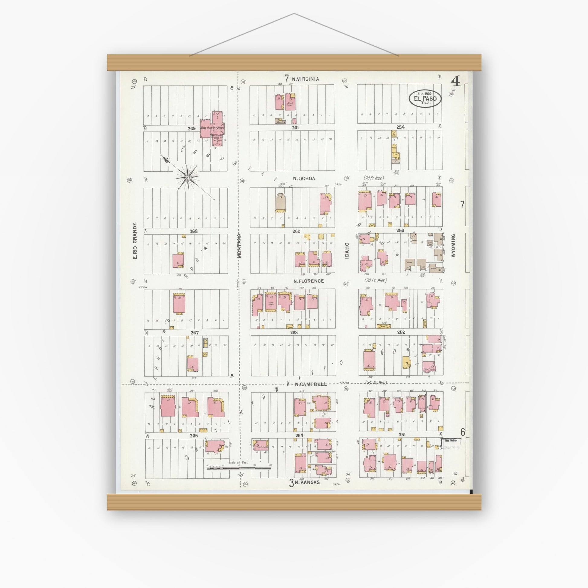 Old map wall art mockup — magnetic wood frame on white wall — Sanborn Fire Insurance Map from El Paso, El Paso County, Texas (1900), Sheet #0004