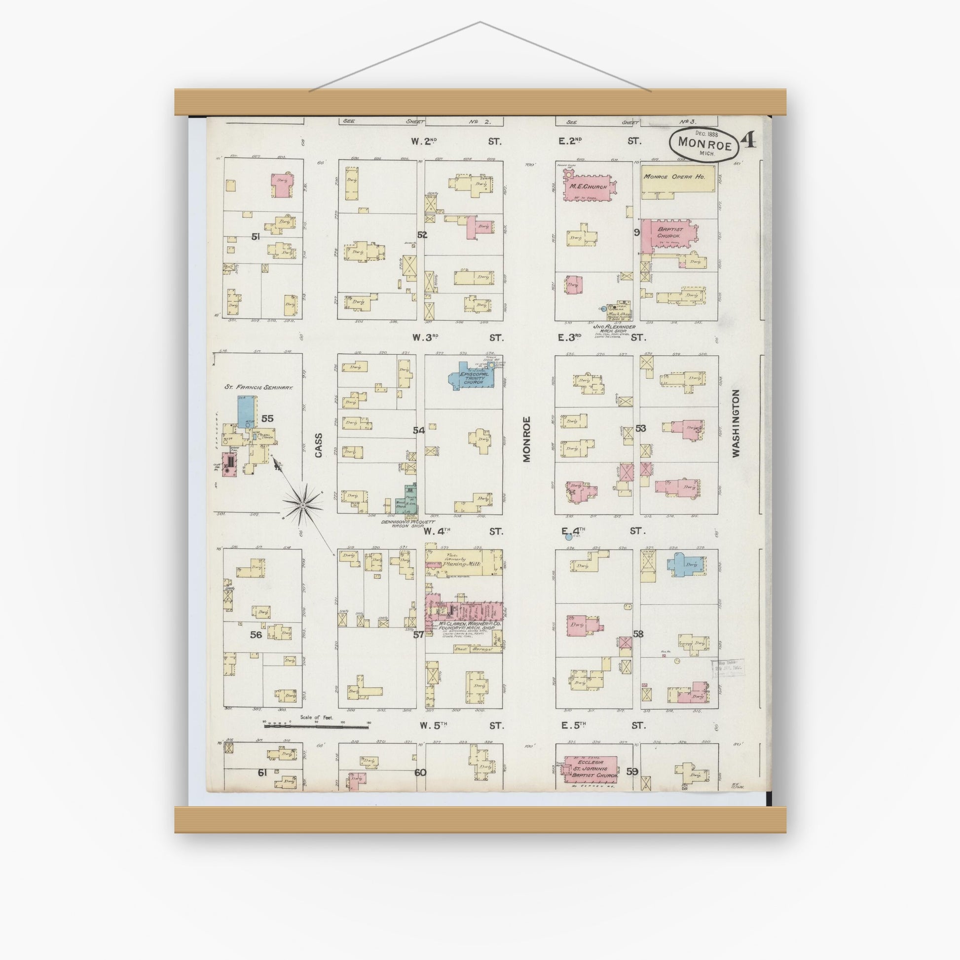 Old map wall art mockup — magnetic wood frame on white wall — Sanborn Fire Insurance Map from Monroe, Monroe County, Michigan (1888), Sheet #0004
