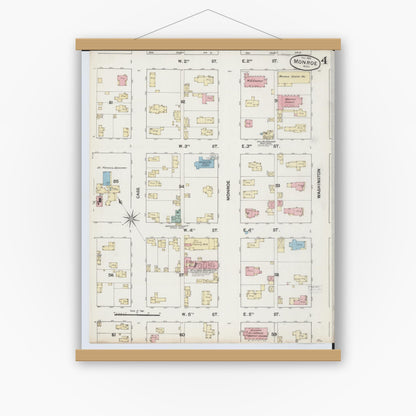 Old map wall art mockup — magnetic wood frame on white wall — Sanborn Fire Insurance Map from Monroe, Monroe County, Michigan (1888), Sheet #0004