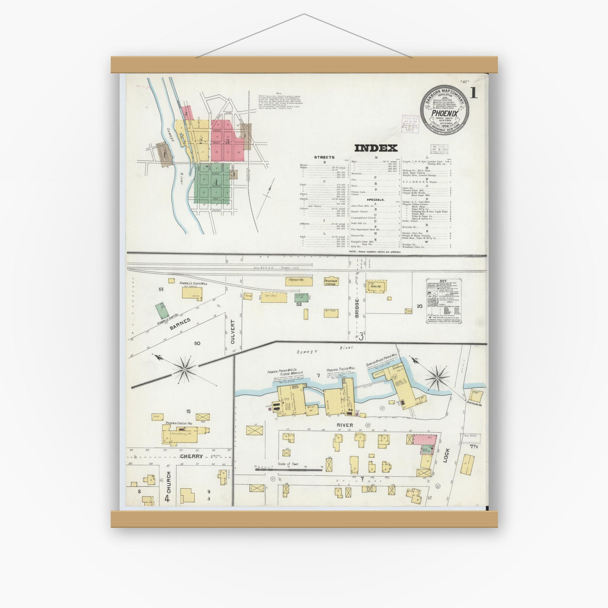 Old map wall art mockup — magnetic wood frame on white wall — Sanborn Fire Insurance Map from Phoenix, Oswego County, New York (1904) - Complete Map Set