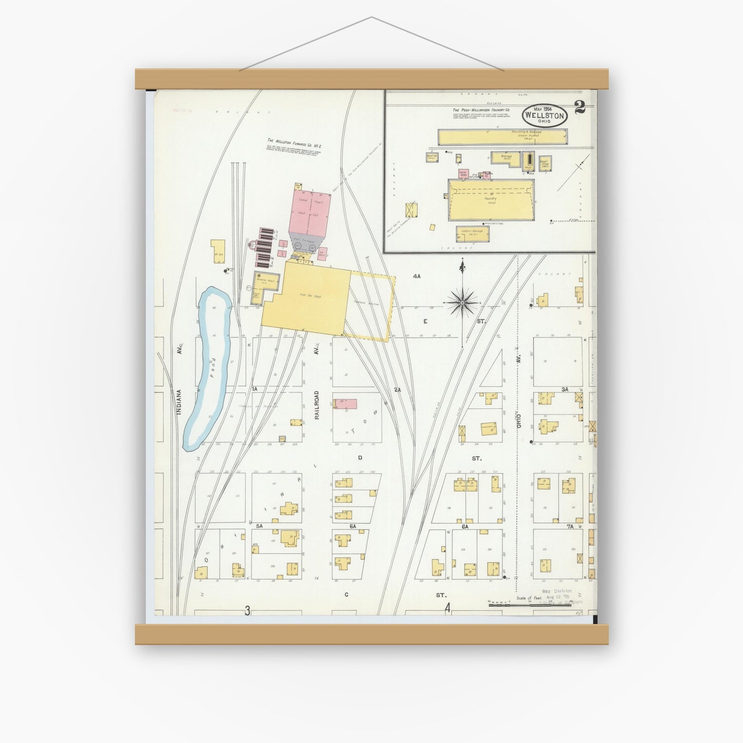 Old map wall art mockup — magnetic wood frame on white wall — Sanborn Fire Insurance Map from Wellston, Jackson County, Ohio (1904), Sheet #0002