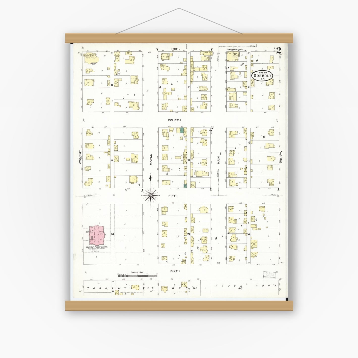 Old map wall art mockup — magnetic wood frame on white wall — Sanborn Fire Insurance Map from Odebolt, Sac County, Iowa (1909), Sheet #0002