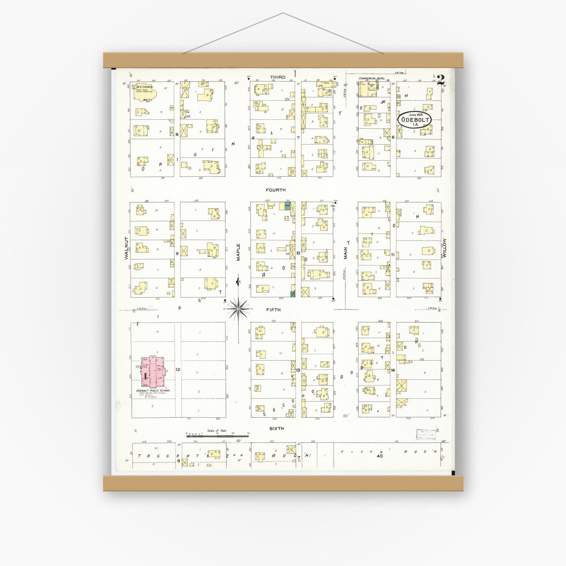 Old map wall art mockup — magnetic wood frame on white wall — Sanborn Fire Insurance Map from Odebolt, Sac County, Iowa (1909), Sheet #0002