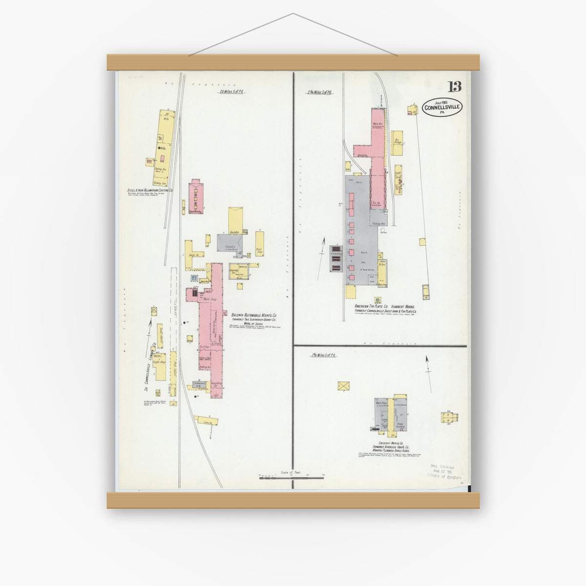 Old map wall art mockup — magnetic wood frame on white wall — Sanborn Fire Insurance Map from Connellsville, Fayette County, Pennsylvania (1901), Sheet #0013