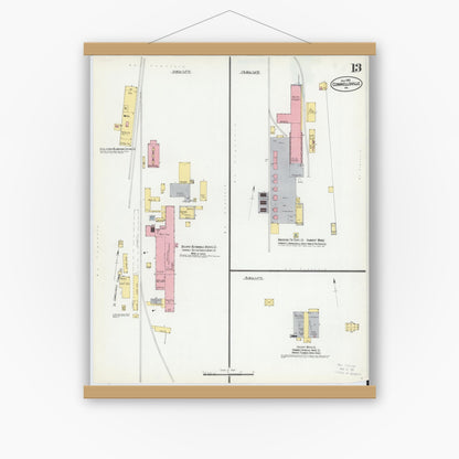 Old map wall art mockup — magnetic wood frame on white wall — Sanborn Fire Insurance Map from Connellsville, Fayette County, Pennsylvania (1901), Sheet #0013