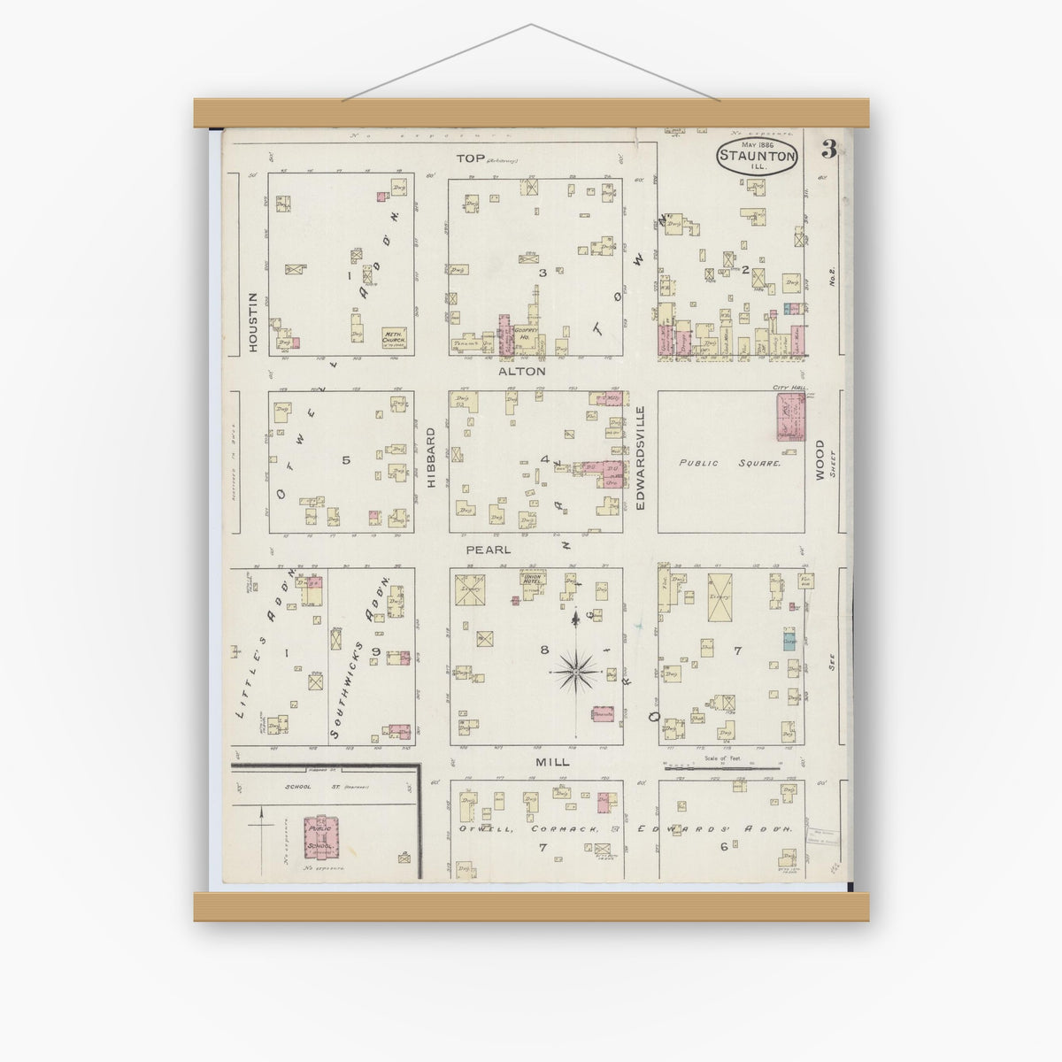 Old map wall art mockup — magnetic wood frame on white wall — Sanborn Fire Insurance Map from Staunton, Macoupin County, Illinois (1886), Sheet #0003