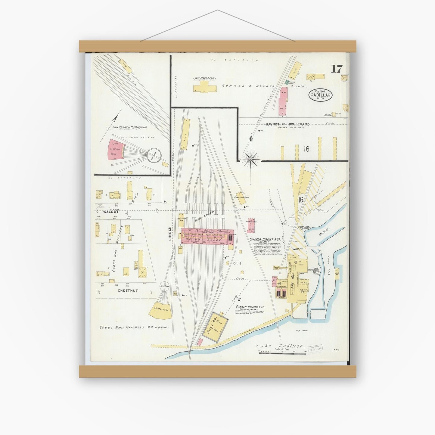 Old map wall art mockup — magnetic wood frame on white wall — Sanborn Fire Insurance Map from Cadillac, Wexford County, Michigan (1906), Sheet #0017
