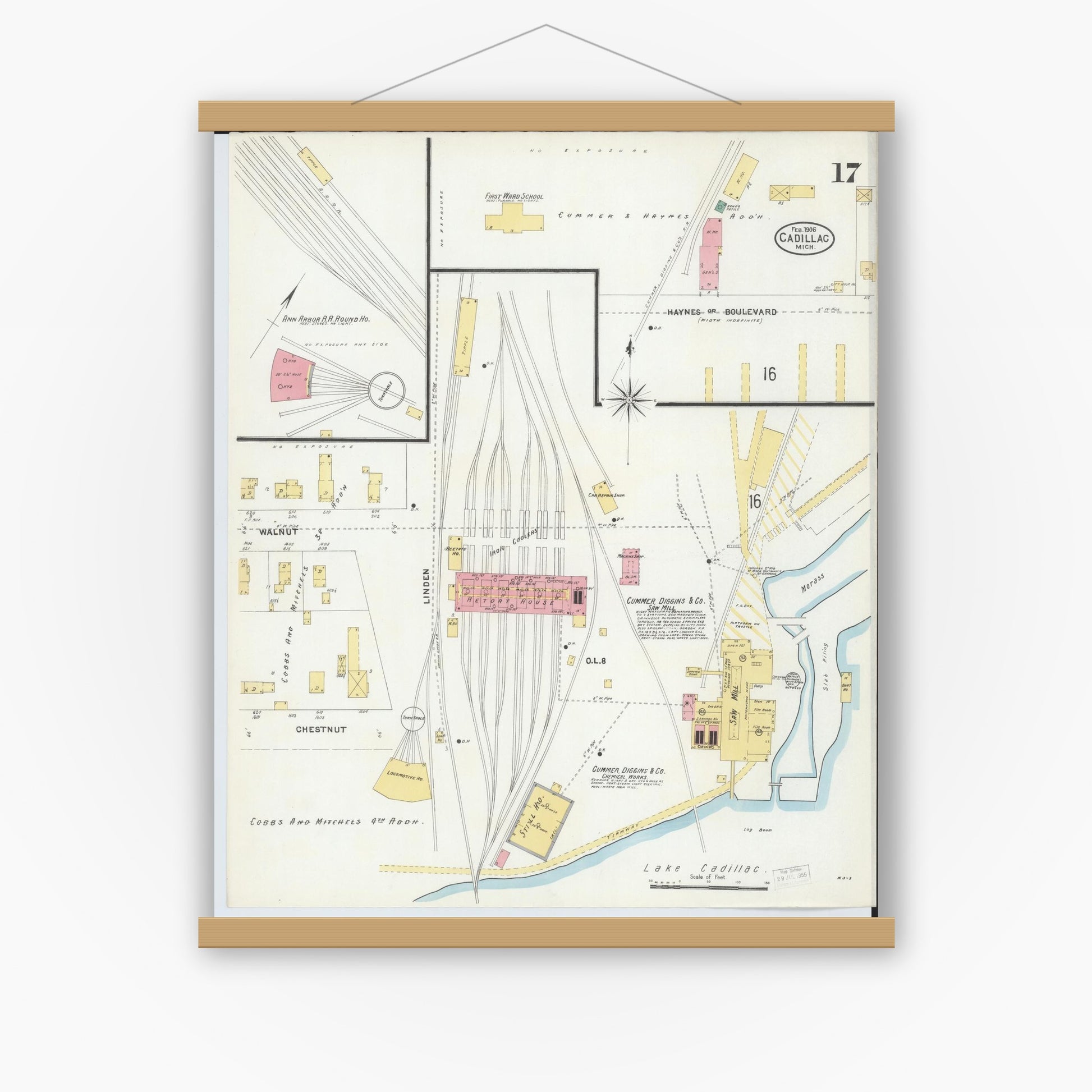 Old map wall art mockup — magnetic wood frame on white wall — Sanborn Fire Insurance Map from Cadillac, Wexford County, Michigan (1906), Sheet #0017
