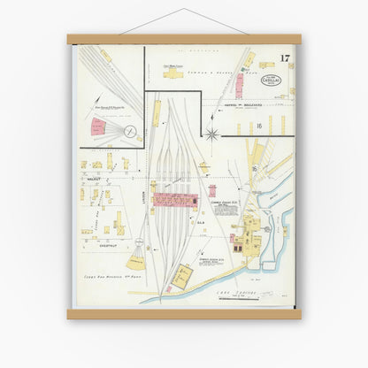 Old map wall art mockup — magnetic wood frame on white wall — Sanborn Fire Insurance Map from Cadillac, Wexford County, Michigan (1906), Sheet #0017