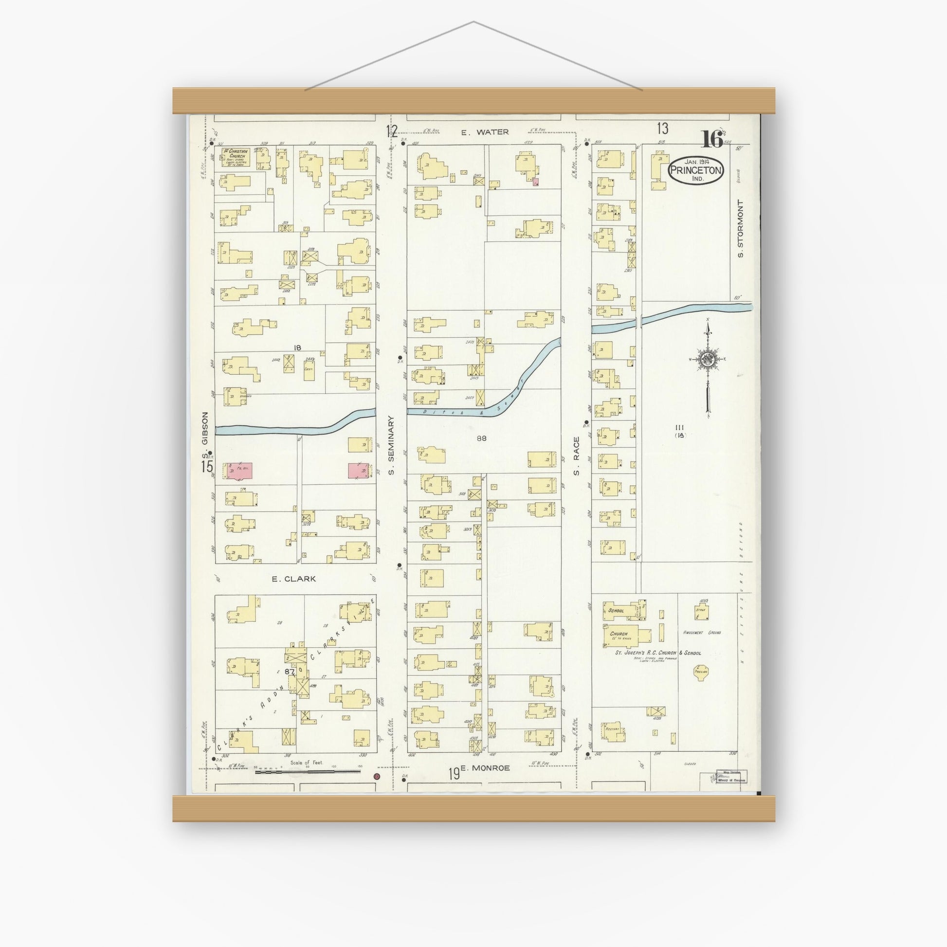 Old map wall art mockup — magnetic wood frame on white wall — Sanborn Fire Insurance Map from Princeton, Gibson County, Indiana (1914), Sheet #0016
