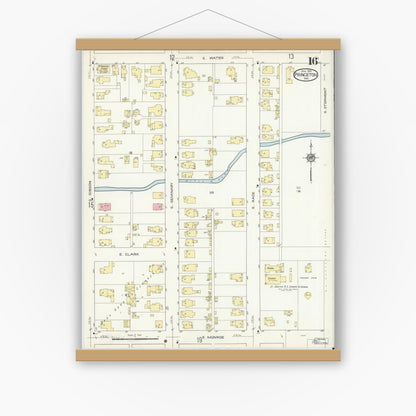 Old map wall art mockup — magnetic wood frame on white wall — Sanborn Fire Insurance Map from Princeton, Gibson County, Indiana (1914), Sheet #0016