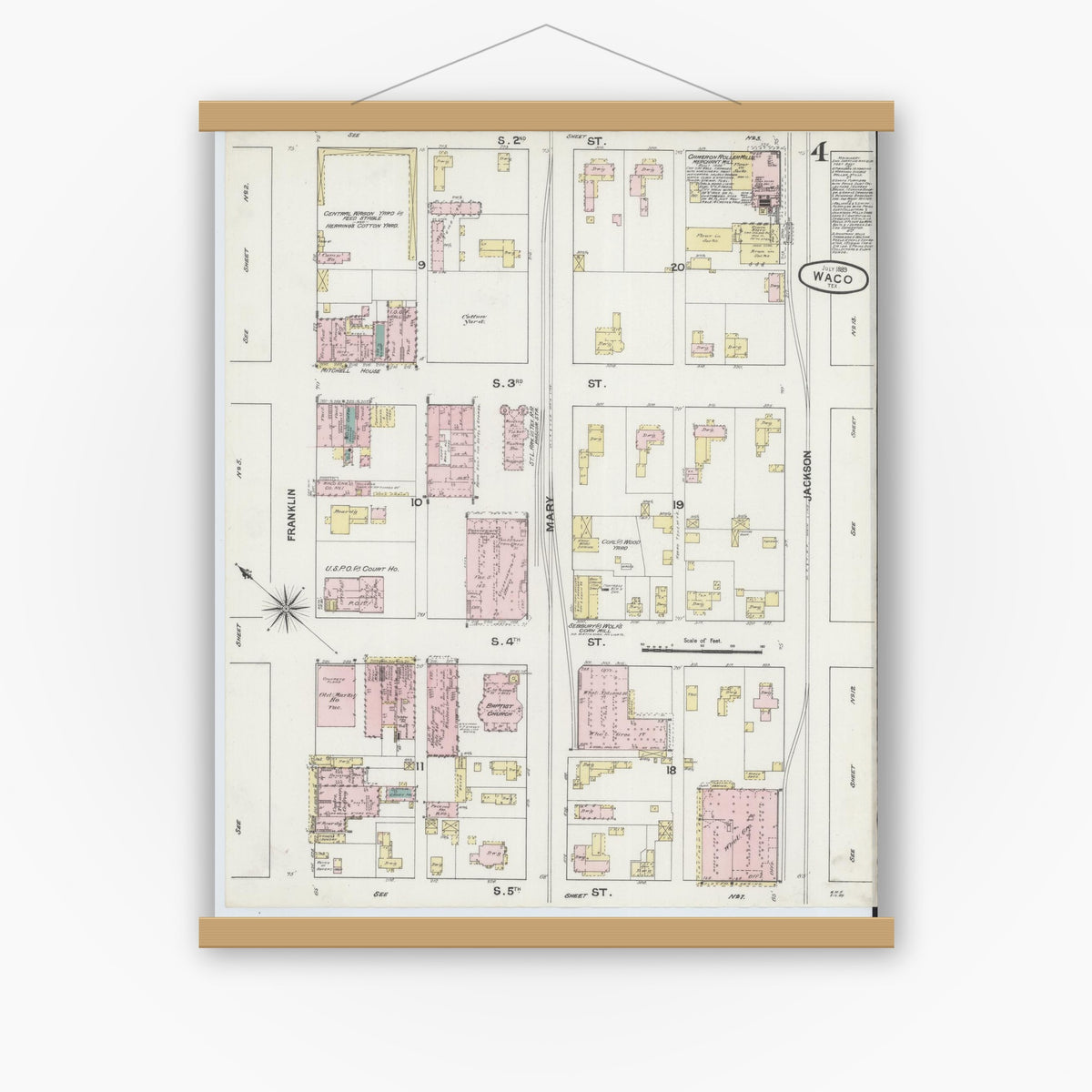 Old map wall art mockup — magnetic wood frame on white wall — Sanborn Fire Insurance Map from Waco, McLennan County, Texas (1889), Sheet #0004