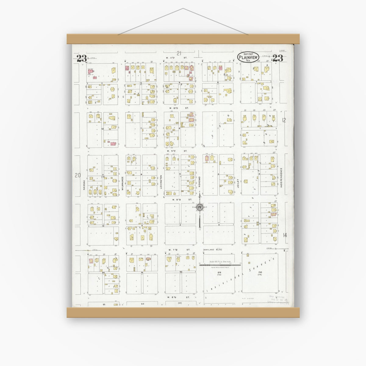 Old map wall art mockup — magnetic wood frame on white wall — Sanborn Fire Insurance Map from Plainview, Hale County, Texas (1927), Sheet #0023