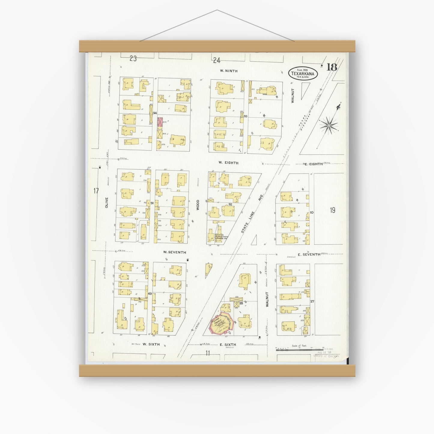 Old map wall art mockup — magnetic wood frame on white wall — Sanborn Fire Insurance Map from Texarkana, Bowie County, Texas (1909), Sheet #0018