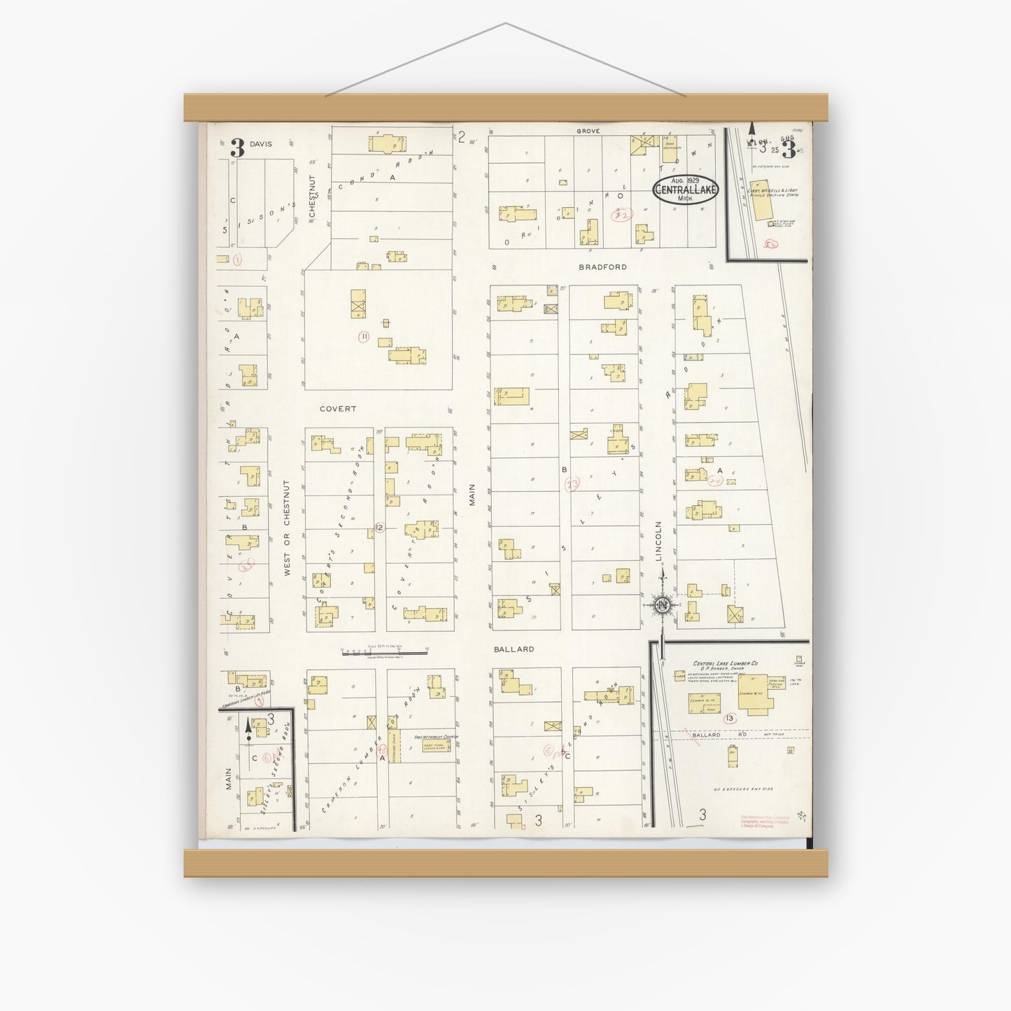 Old map wall art mockup — magnetic wood frame on white wall — Sanborn Fire Insurance Map from Central Lake, Antrim County, Michigan (1929), Sheet #0003