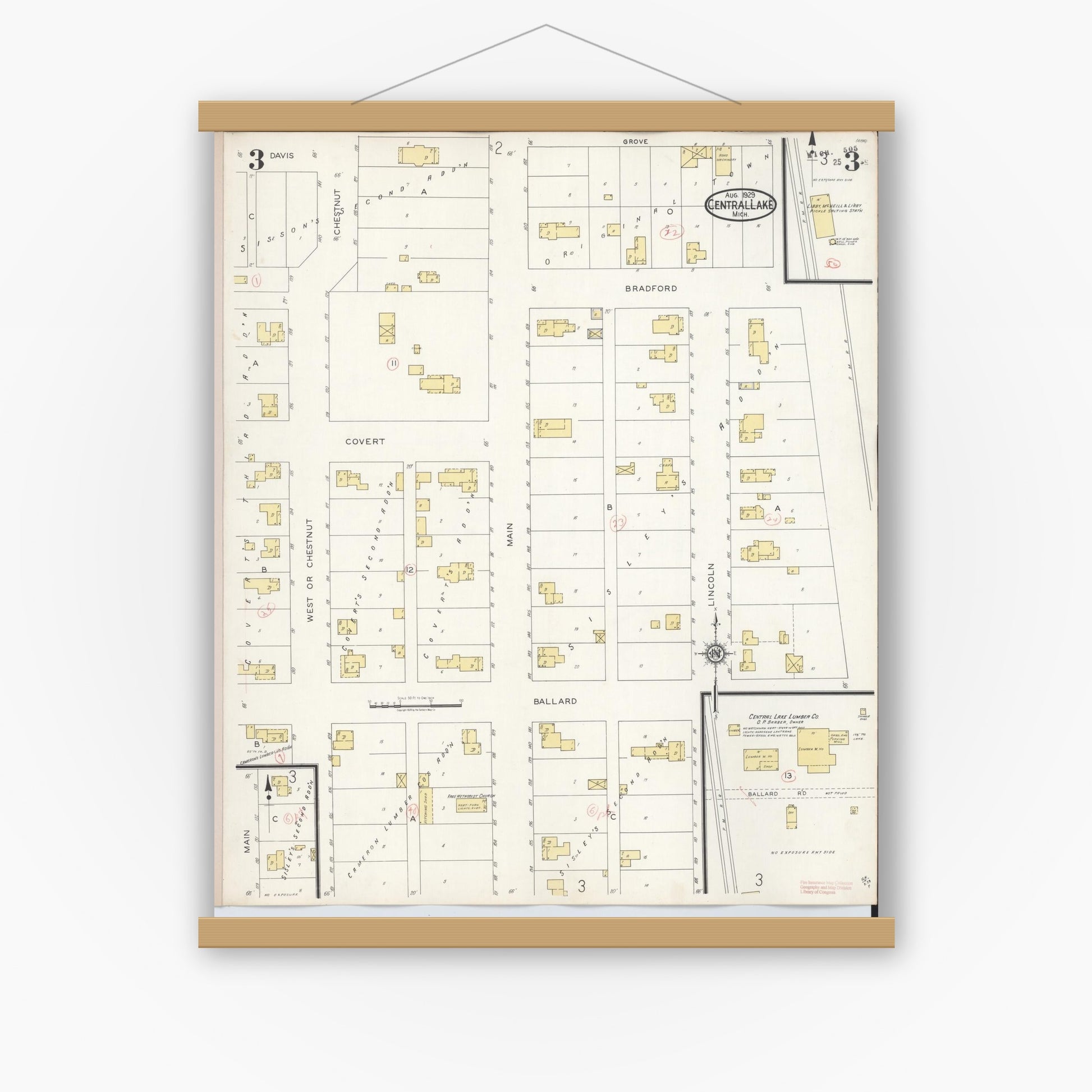 Old map wall art mockup — magnetic wood frame on white wall — Sanborn Fire Insurance Map from Central Lake, Antrim County, Michigan (1929), Sheet #0003