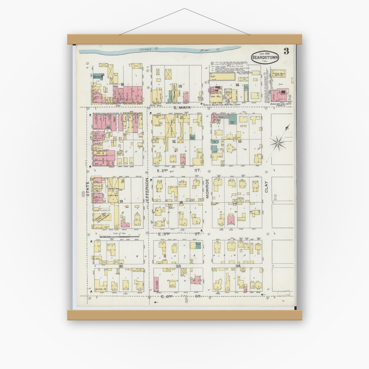 Old map wall art mockup — magnetic wood frame on white wall — Sanborn Fire Insurance Map from Beardstown, Cass County, Illinois (1894), Sheet #0003