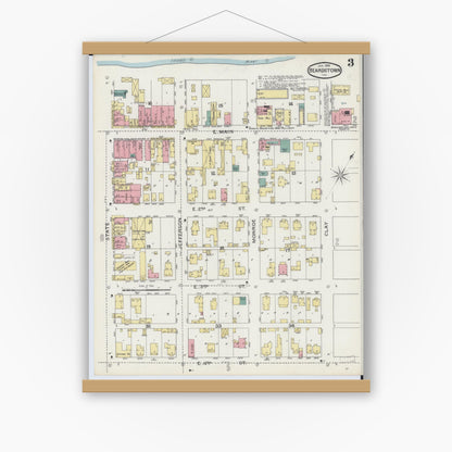 Old map wall art mockup — magnetic wood frame on white wall — Sanborn Fire Insurance Map from Beardstown, Cass County, Illinois (1894), Sheet #0003
