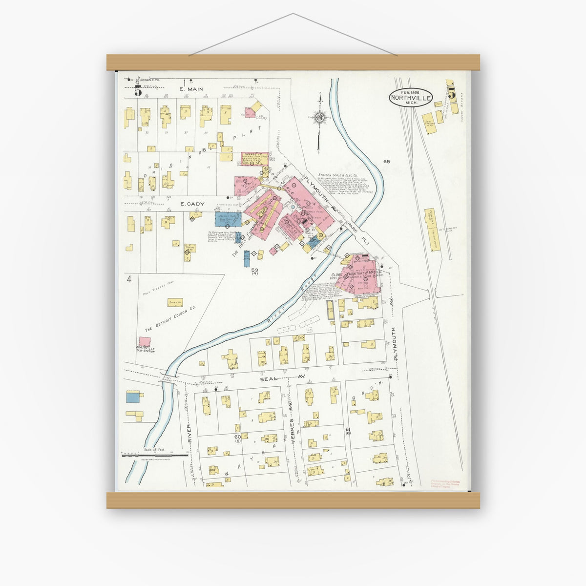 Old map wall art mockup — magnetic wood frame on white wall — Sanborn Fire Insurance Map from Northville, Wayne County, Michigan (1926), Sheet #0005
