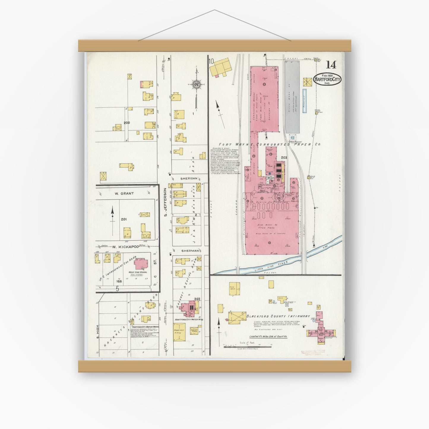 Old map wall art mockup — magnetic wood frame on white wall — Sanborn Fire Insurance Map from Hartford City, Blackford County, Indiana (1920), Sheet #0014