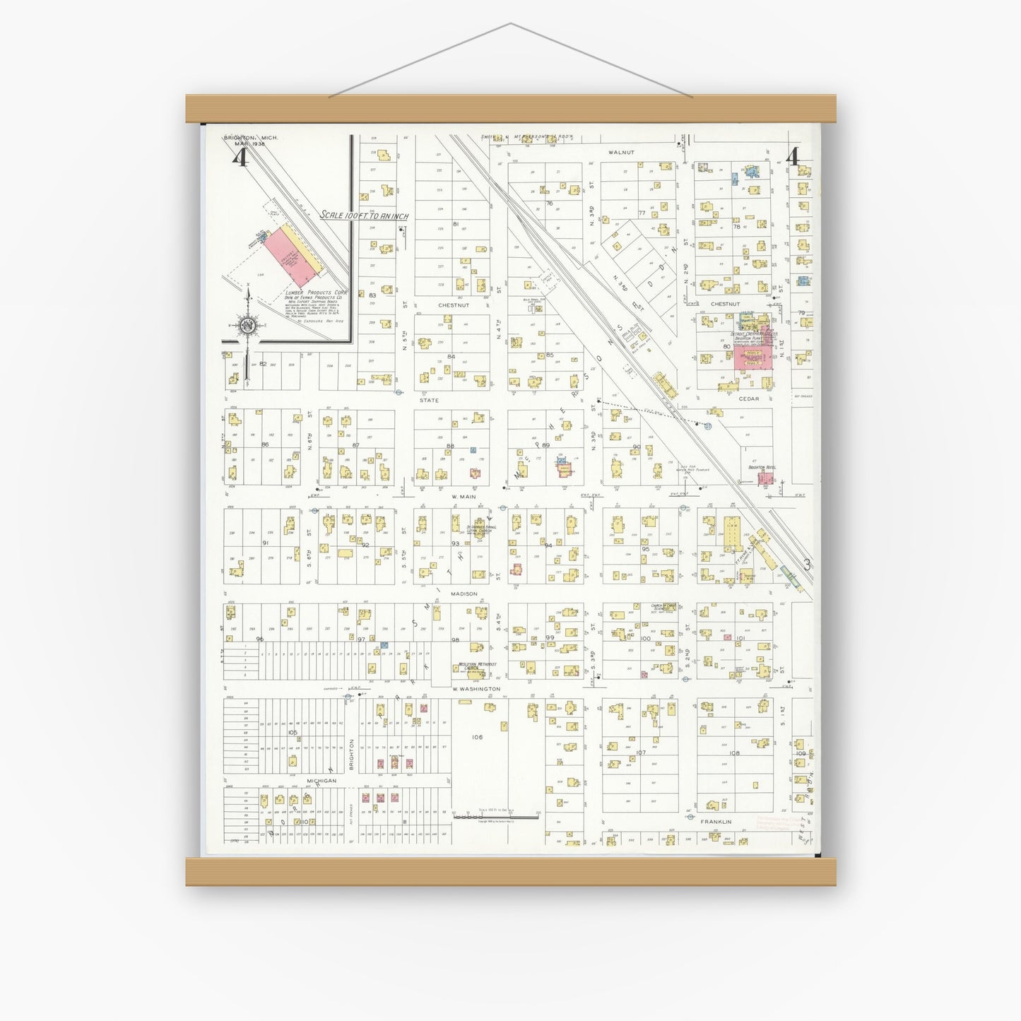 Old map wall art mockup — magnetic wood frame on white wall — Sanborn Fire Insurance Map from Brighton, Livington County, Michigan (1938), Sheet #0004