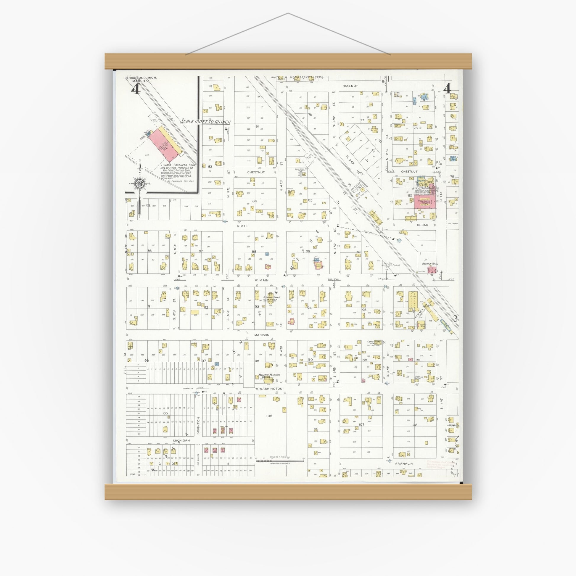 Old map wall art mockup — magnetic wood frame on white wall — Sanborn Fire Insurance Map from Brighton, Livington County, Michigan (1938), Sheet #0004