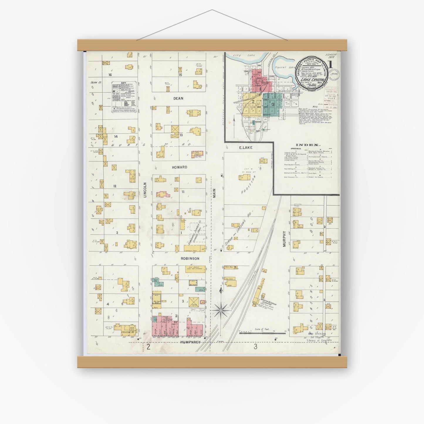 Old map wall art mockup — magnetic wood frame on white wall — Sanborn Fire Insurance Map from Lake Crystal, Blue Earth County, Minnesota (1900) - Complete Map Set