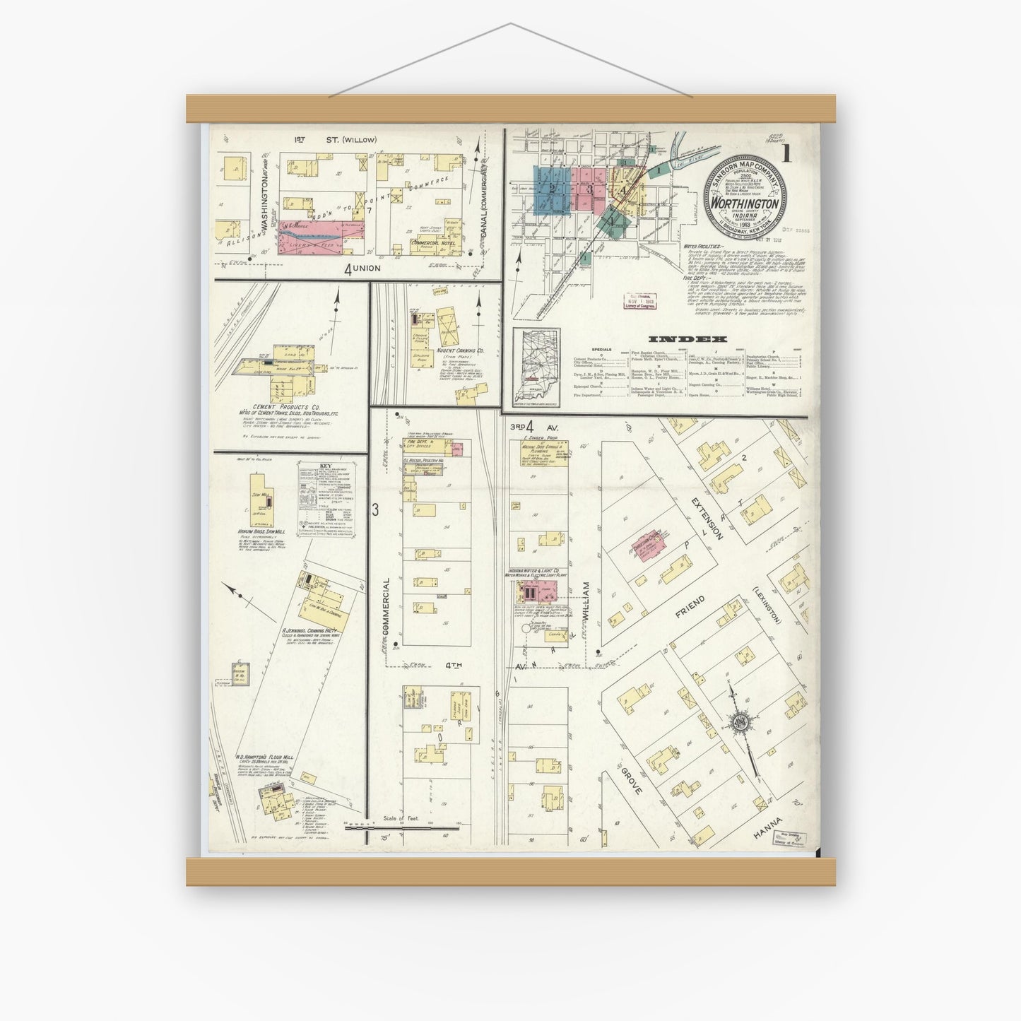 Old map wall art mockup — magnetic wood frame on white wall — Sanborn Fire Insurance Map from Worthington, Greene County, Indiana (1913) - Complete Map Set