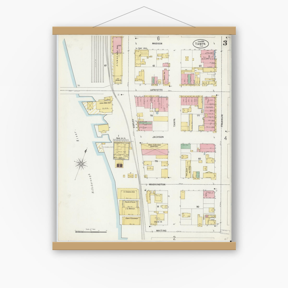 Old map wall art mockup — magnetic wood frame on white wall — Sanborn Fire Insurance Map from Tampa, Hillsborough County, Florida (1899), Sheet #0003