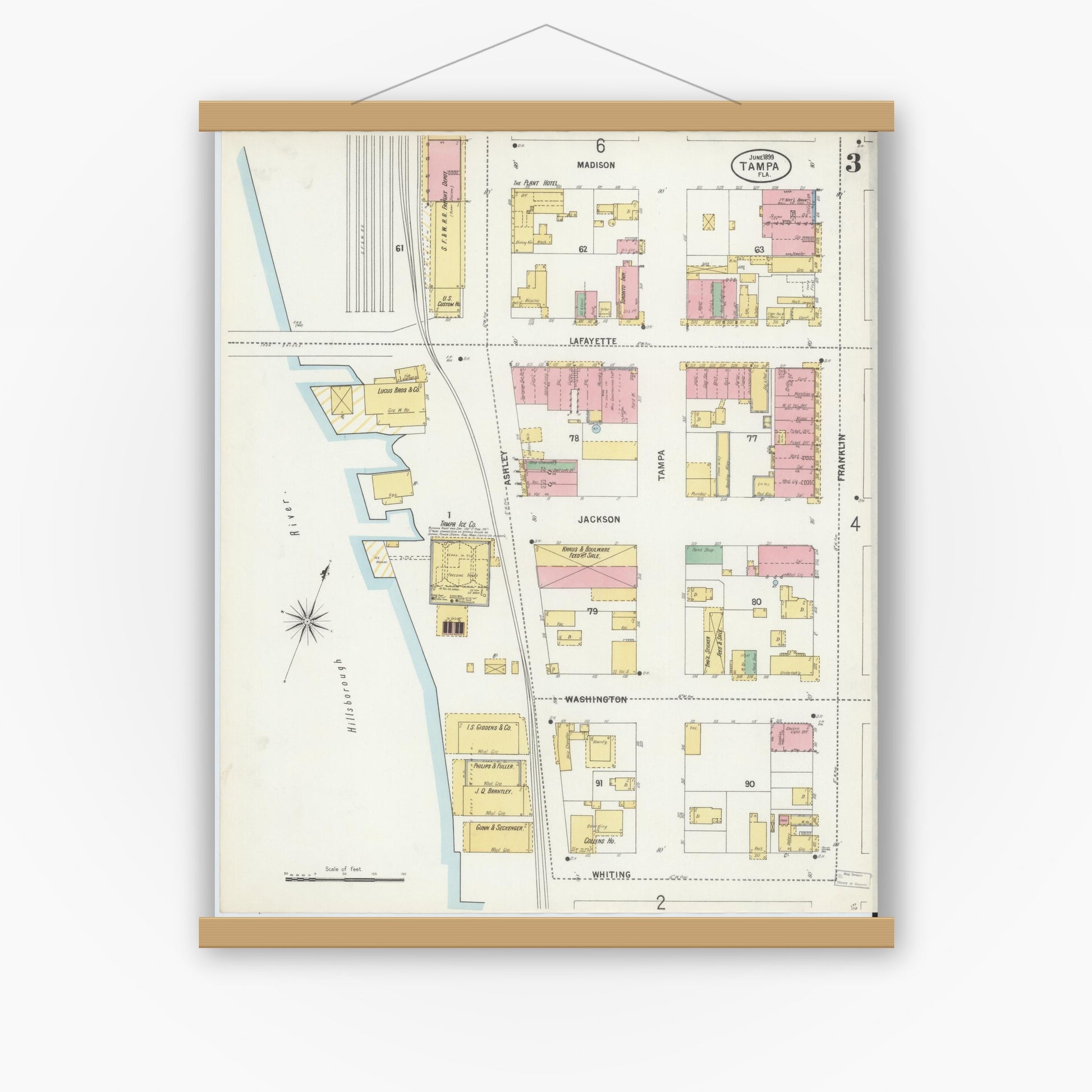 Old map wall art mockup — magnetic wood frame on white wall — Sanborn Fire Insurance Map from Tampa, Hillsborough County, Florida (1899), Sheet #0003